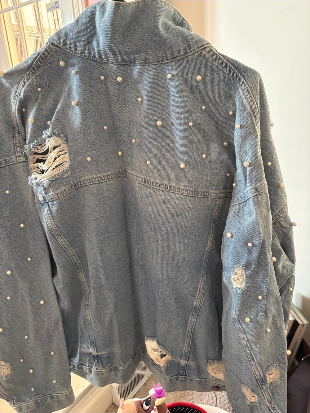 Free people Pearl-Embellished Distressed Light Blue Denim Jacket - Picture 6 of 7